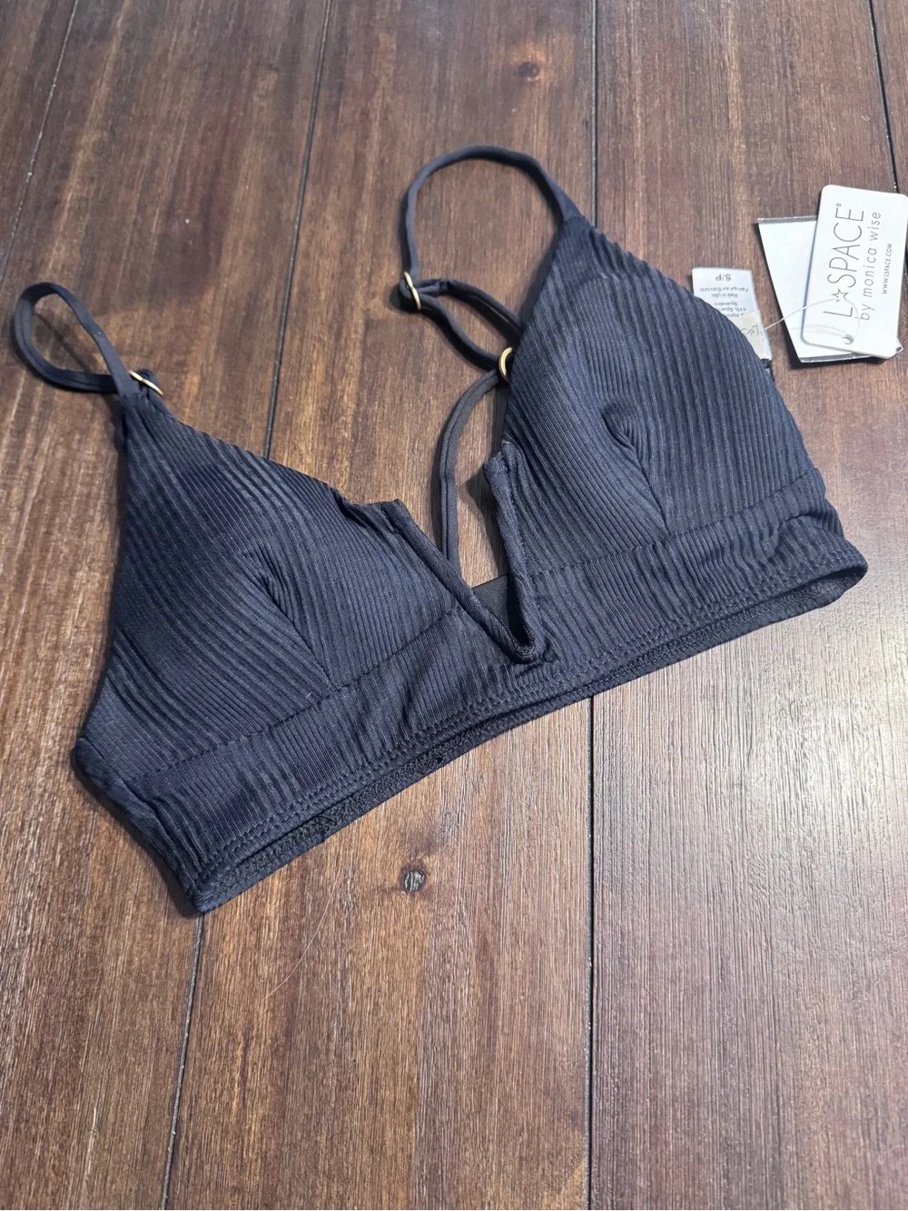 L*SPACE Siren Ribbed Bikini Top Black Size Small NWT Strappy Swim Top